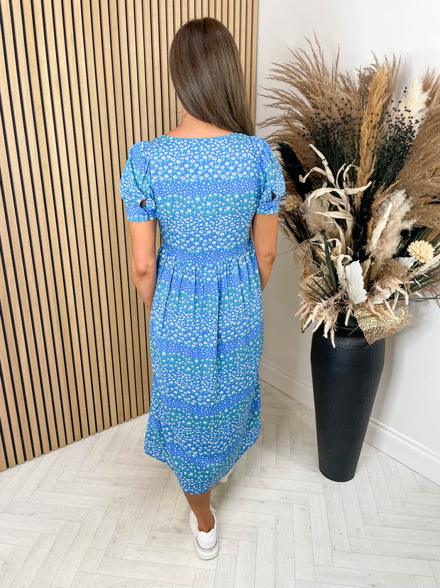 Tatianna Smock Dress - Blue Ditsy Star Stripe by Sugarhill Brighton